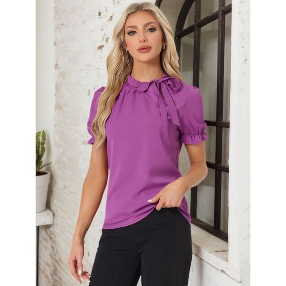 Bow Tie Neck Tops Elegant Office Short Sleeve Blouse Magenta - Picture 2 of 6